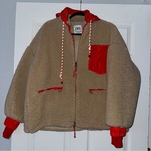 Zara Sherpa Padded Oversized Fleece Jacket - Orange Cream Tan